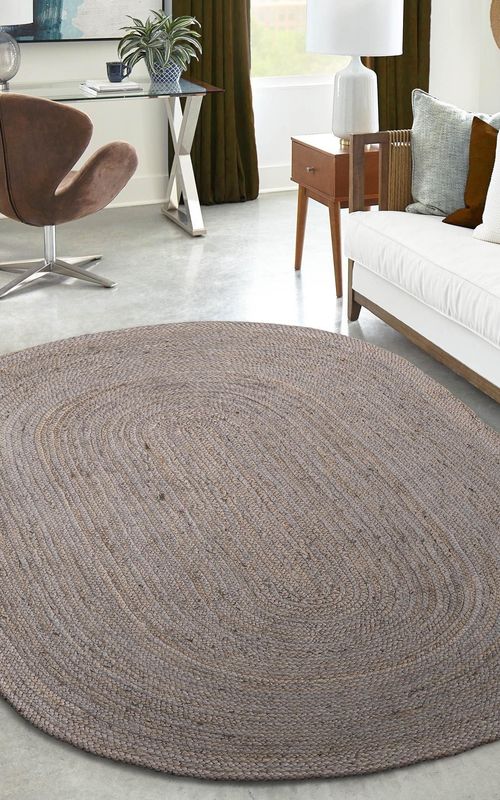 Modern Graphite Grey Oval Braided Cotton Rug | Versatile Neutral Hand-Woven Floor Rug