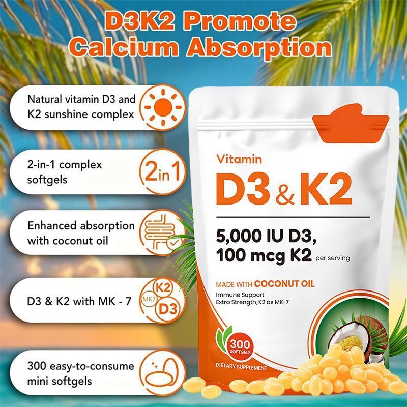 Vitamin D3 K2 Softgels with Coconut Oil, 5000 IU D3 + 100mcg MK-7 K2, Daily Dietary Supplement, 300 Mini Softgels