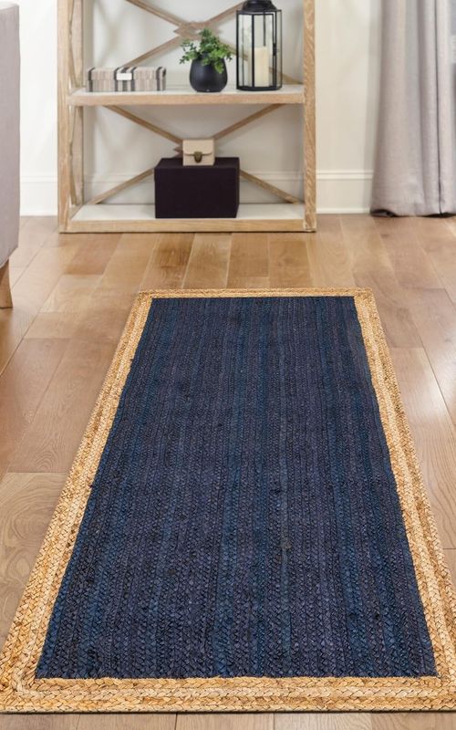 Handmade Braided Natural Jute Inner Blue With Natural Border Border Floor Area Runner Rug