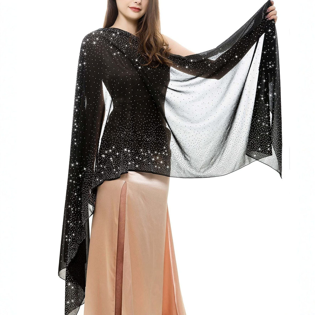 Black Chiffon Rhinestone Shawl Wrap for Women Evening Party