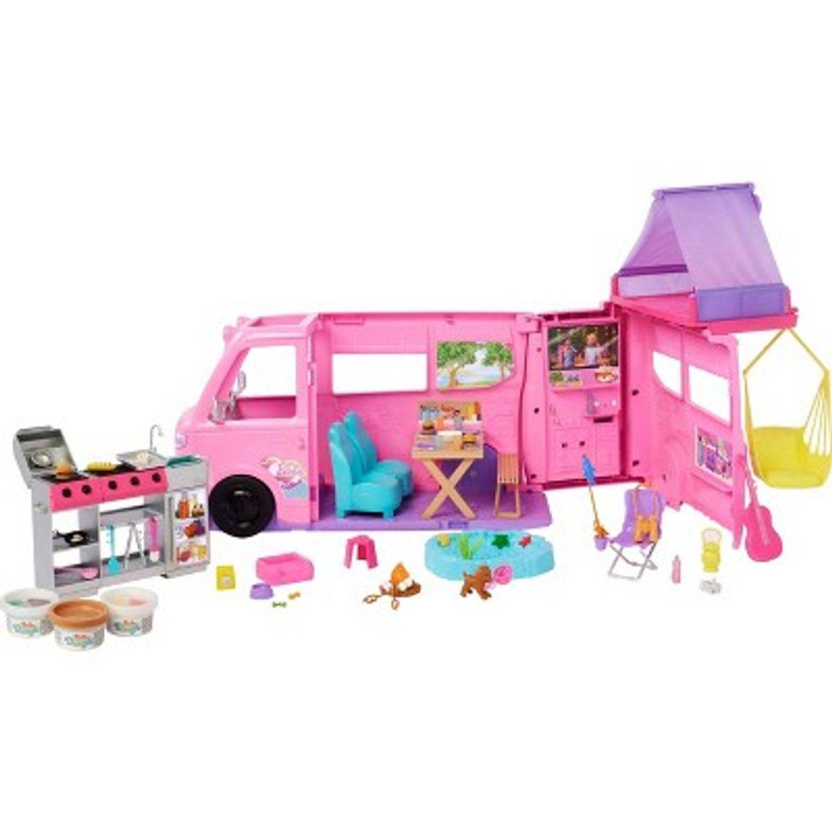 Barbie Dream Camper Playset, Roof Tent, Swing Chair, Fishing Pond, BBQ Grill with Color-Change & 60+ Accessories Model HRJ78