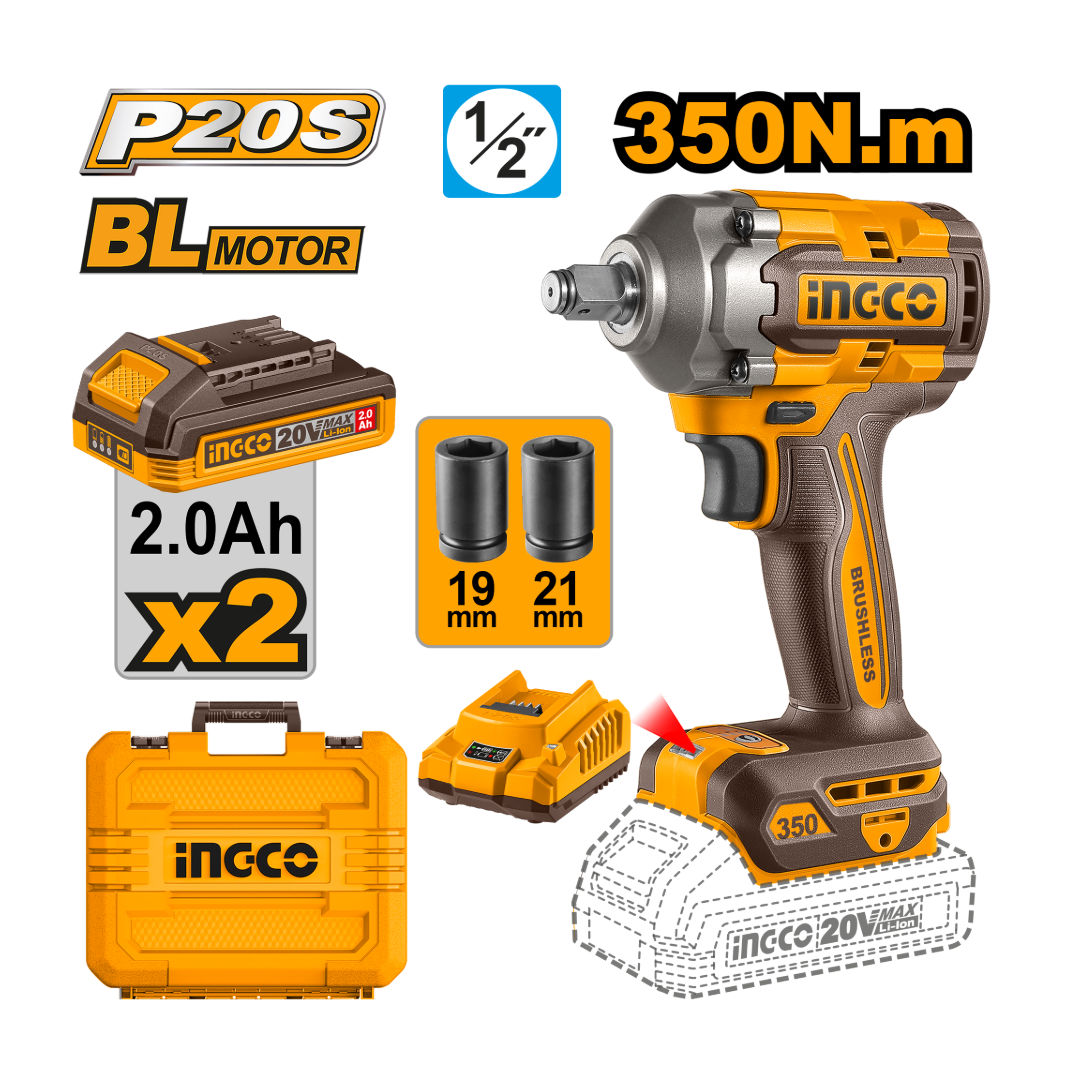 INGCO Cordless Impact Wrench, 20V, Brushless Motor, Integrated LED Work Light