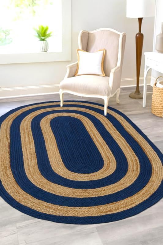 Blue & Natural Oval Jute Rug | Handwoven Striped Area Carpet for Living Room