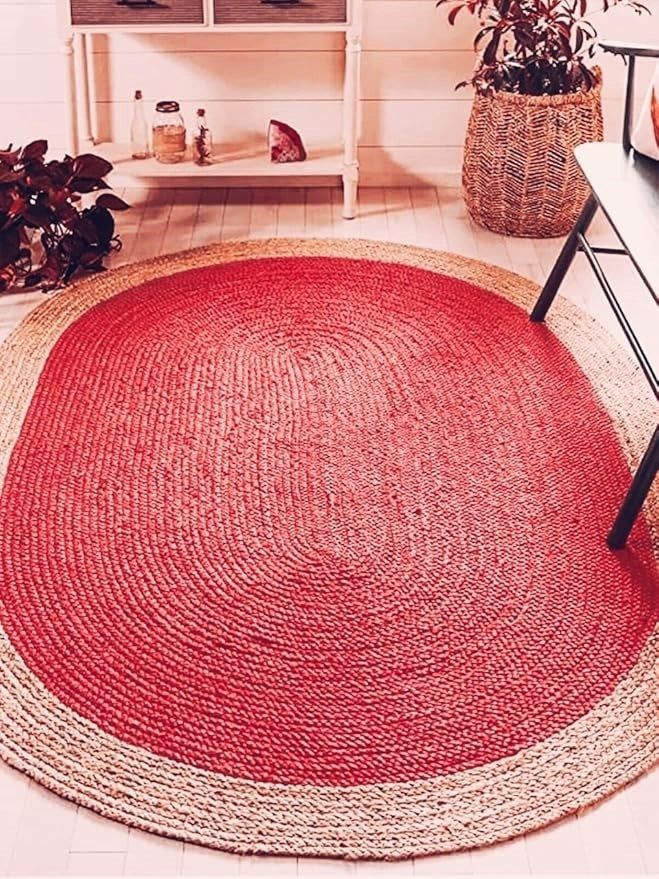 Artisan Crimson Red & Natural Border Jute Oval Rug | Modern Farmhouse Hand-Braided Area Rug