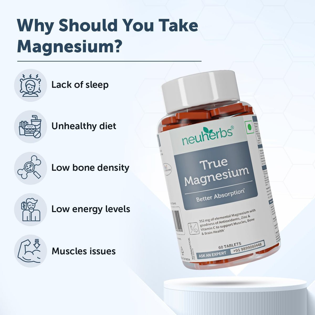 Neuherbs True Magnesium Glycinate Supplement 1600Mg- 60 Tablets