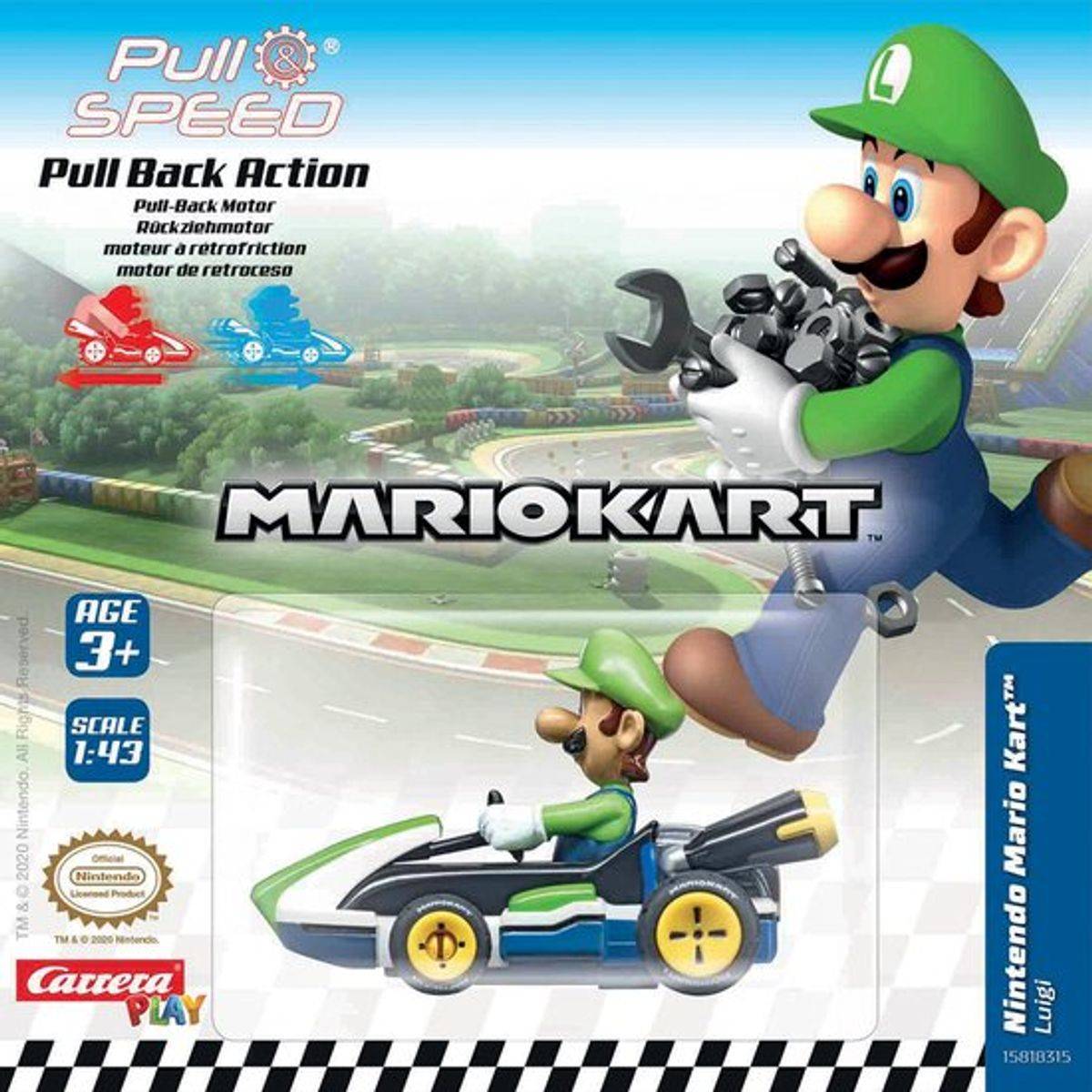 Carrera Pull N Speed Nintendo Mario Kart Luigi Pull-Back Action Motor Car 1:43, Green/Blue, 3+ years