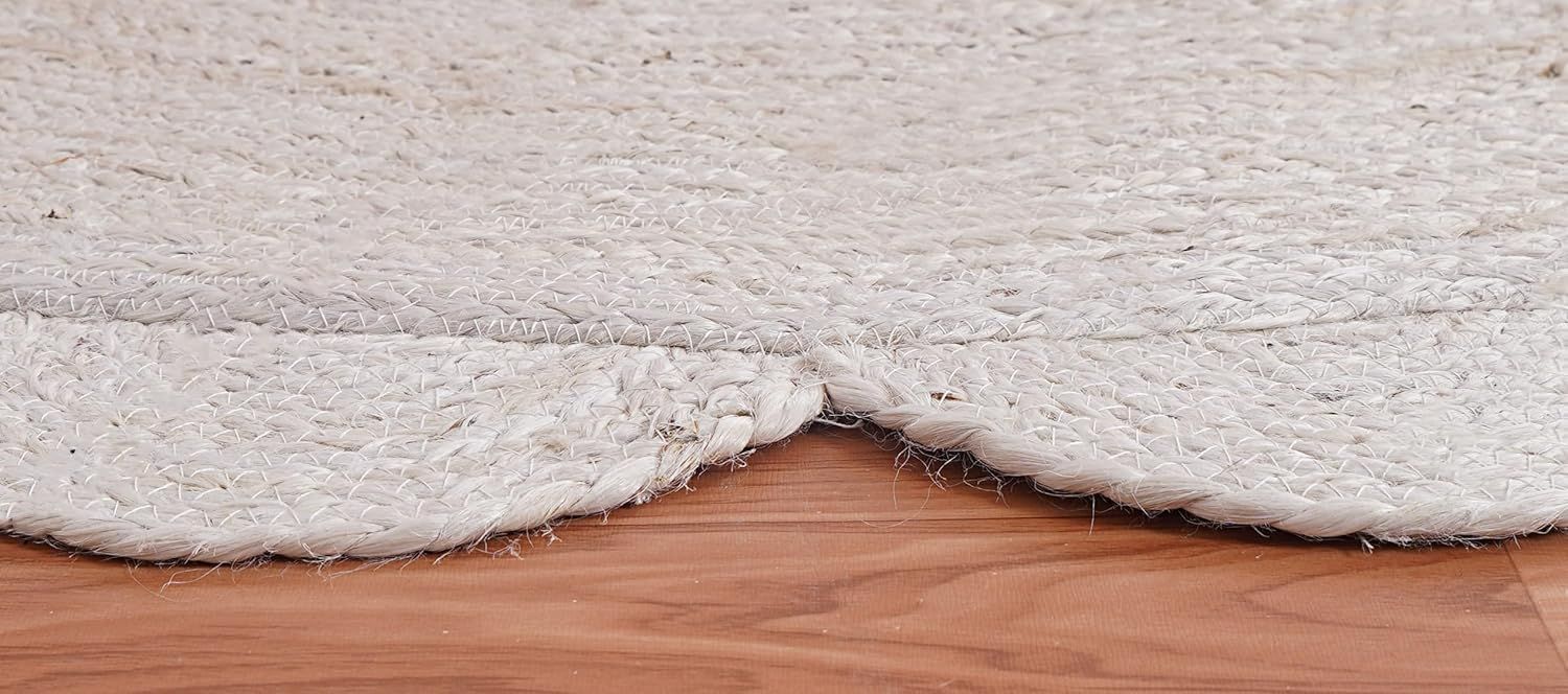 White Oval Jute Rug Scalloped Edge Handwoven Carpet | Natural Boho Floor Mat