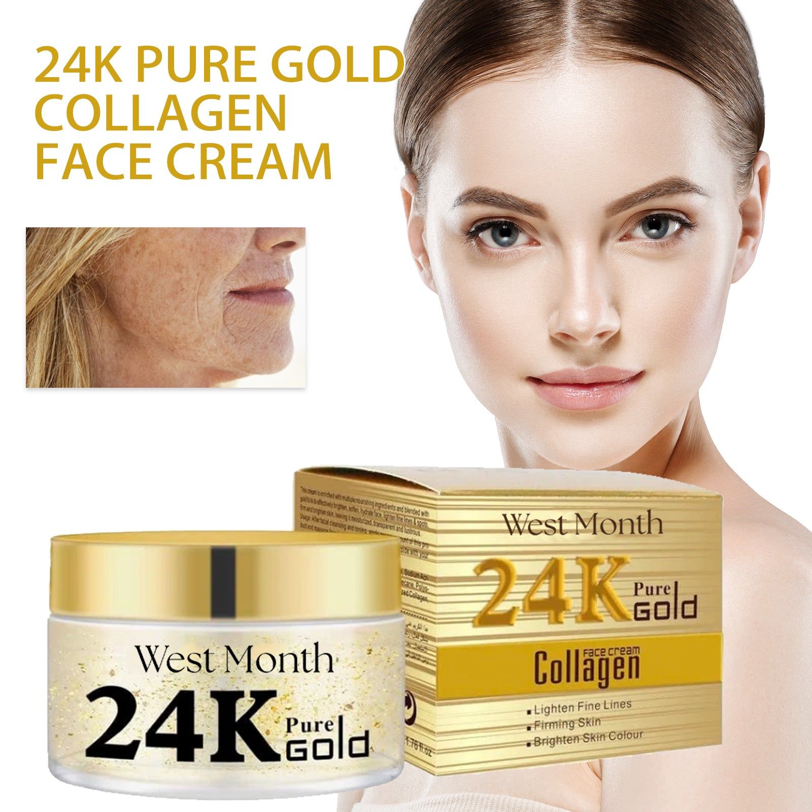 24k Gold Collagen Face Cream, Moisturizes, Tightens, Fades Fine Lines, Brightens Skin ,50ml