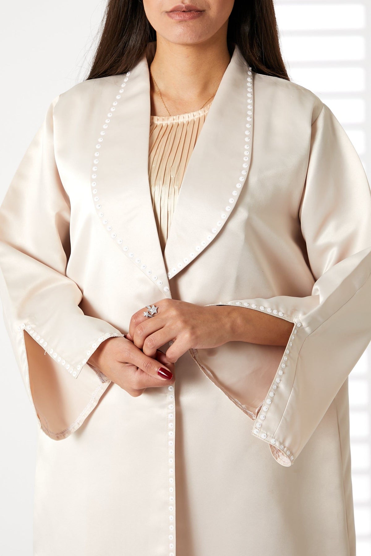 MOiSTREET Pink Bridal Satin Snap-button Embellished Abaya