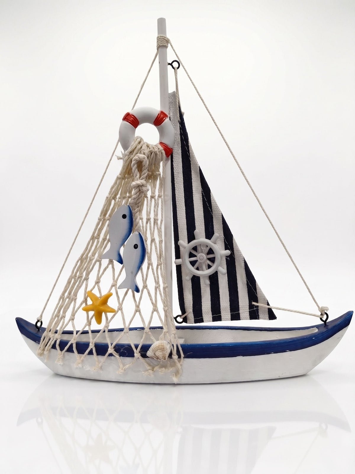 Handcrafted Wooden Model Sailboat – White & Navy Coastal Home Decor Display