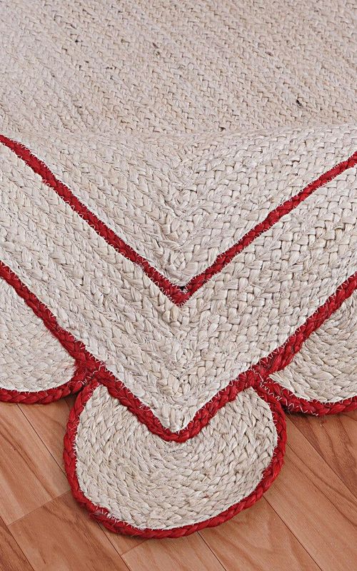 White Jute Rug with Red Border Scalloped Edge | Handwoven Rectangular Boho Carpet