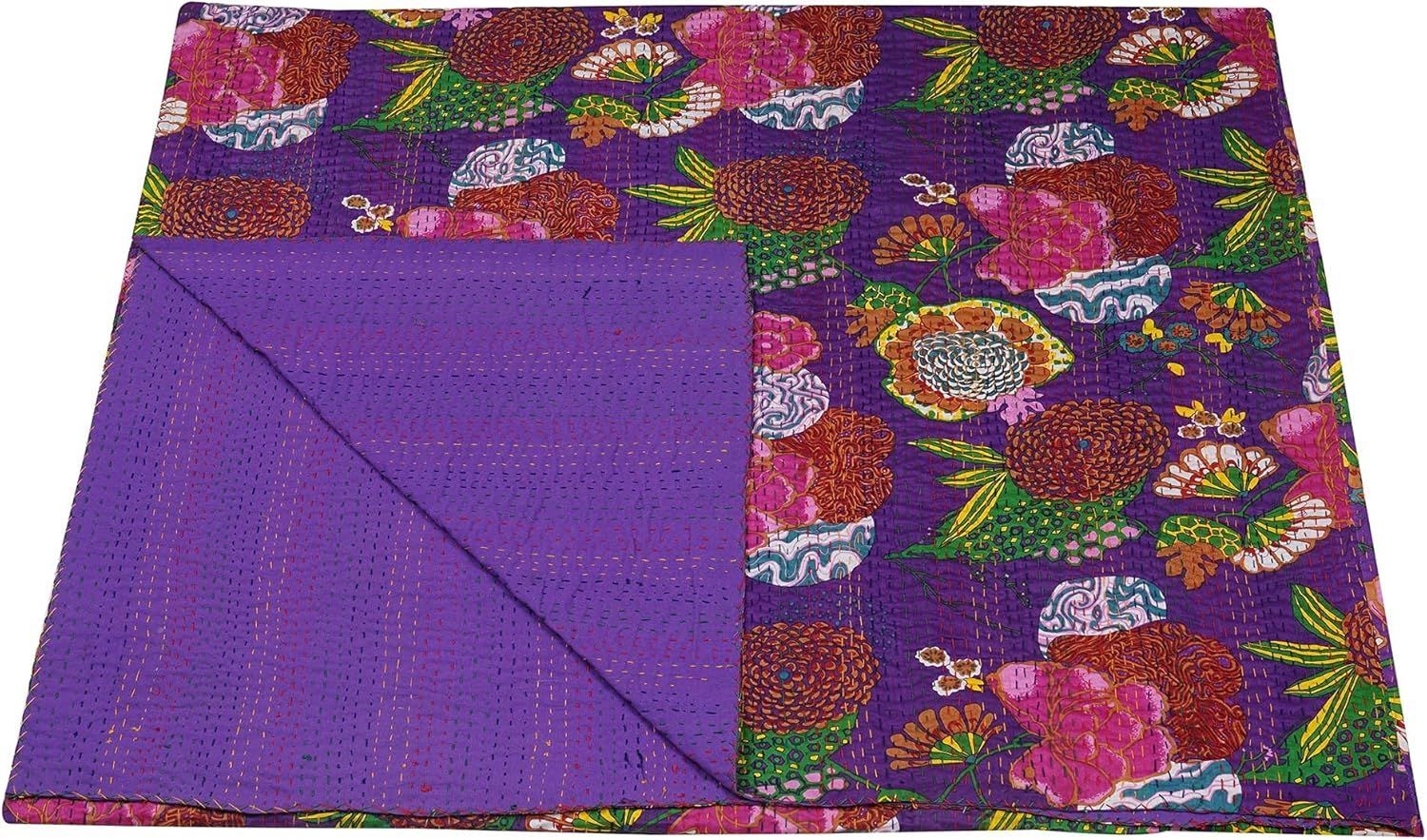 Purple Kantha Quilt Handmade Cotton Blanket | Floral Indian Bedspread for Home Decor