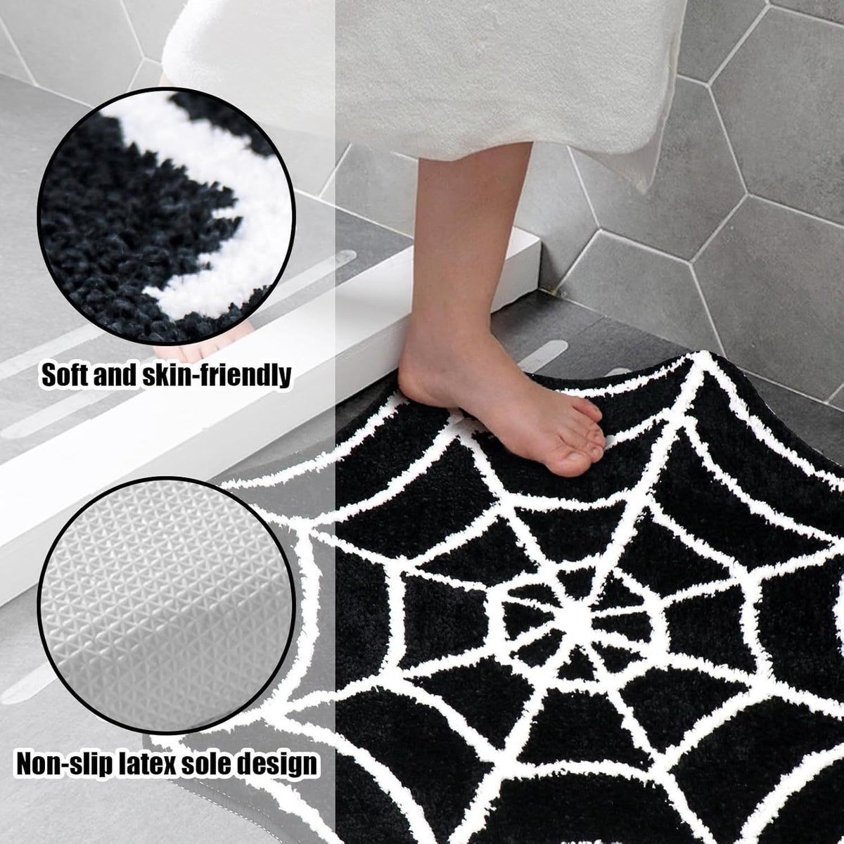 AIESY® Live Beautiful ! Spider Web Bath Mat, Black and White, Non-Slip Halloween Theme Bathroom Rug, Gothic Home Decor (28X28 inch)