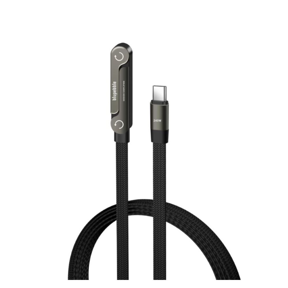 Blupebble PowerFlow USB-C to USB-C Flat Braided Cable With Stand, 40Gbps Data Transfer, PD 240W, Black/Grey