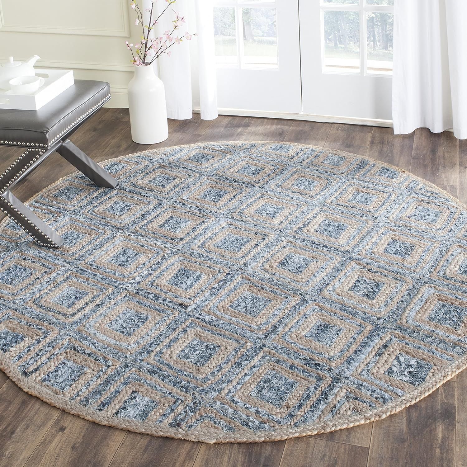 Round Denim & Jute Rug Blue Beige Diamond Pattern | Handwoven Natural Fiber Area Rug