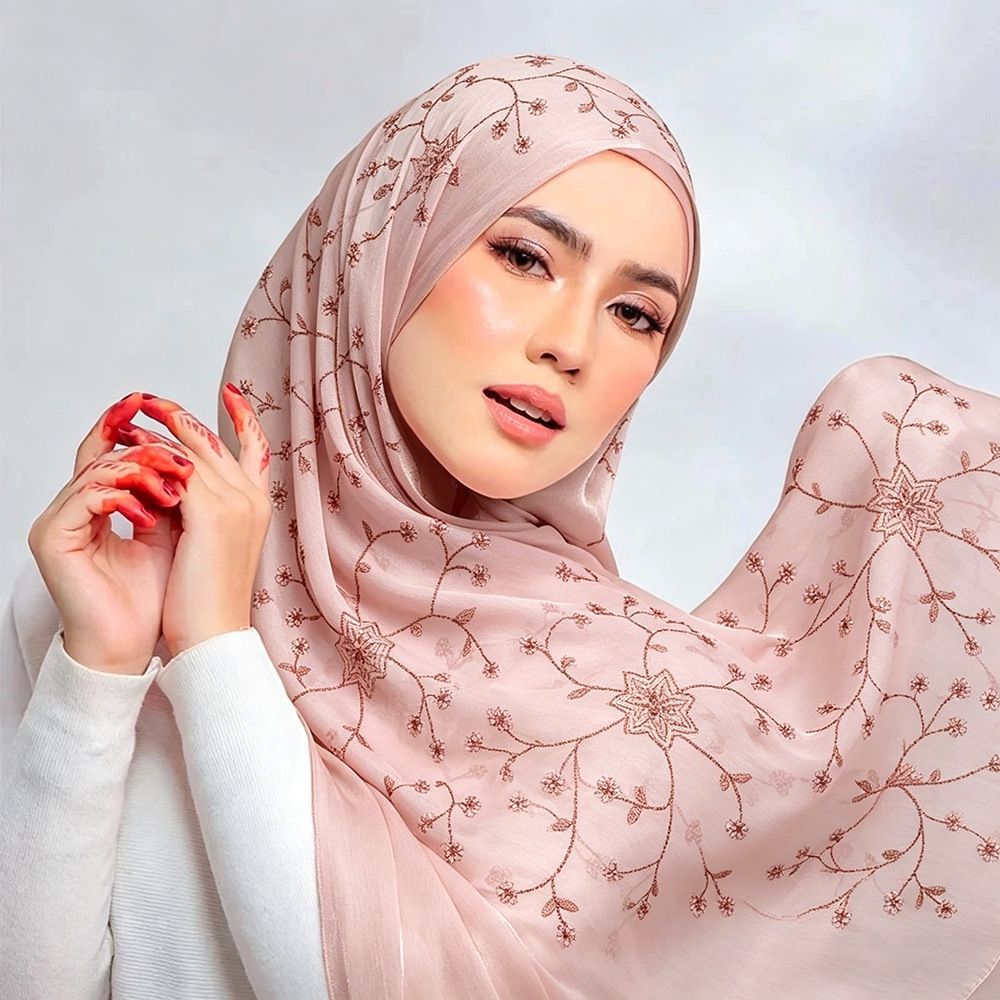 Khaki Embroidered Chiffon Hijab Scarf with Gold Floral