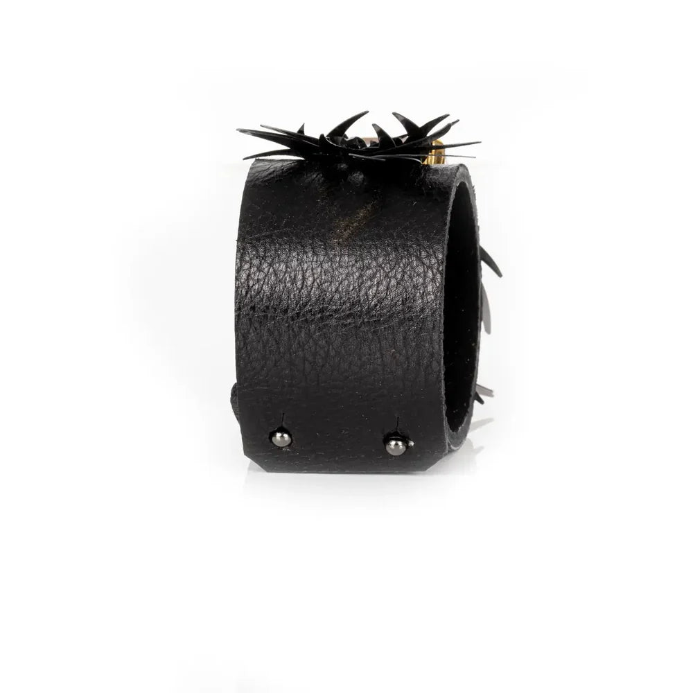 The Dark Black Leather Cuff with Faceted Crystal and Sculptural Metal