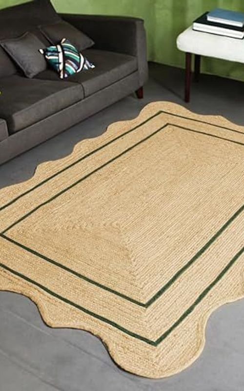 Scalloped Rectangle Jute Rug with Green Border Lines | Handmade Natural Area & Runner Carpet