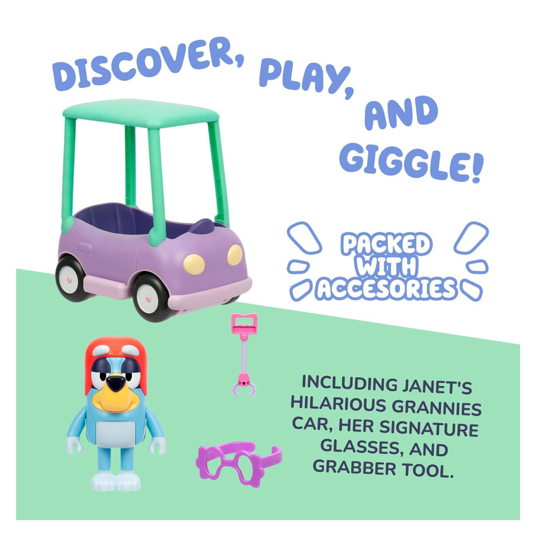 Bluey Chat Mates Grannies Car with Janet Playset (14cm), 3+ years