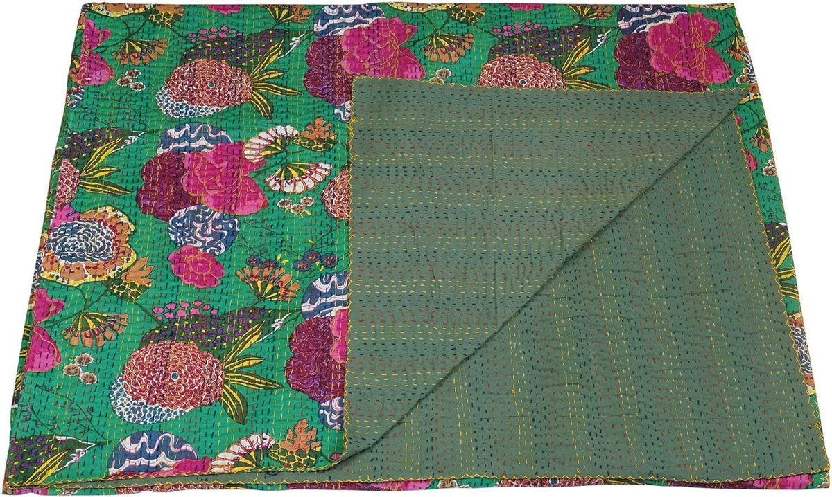 Green Fruit Print Kantha Quilt Handmade Cotton Bedspread | Floral Tropical Indian Blanket