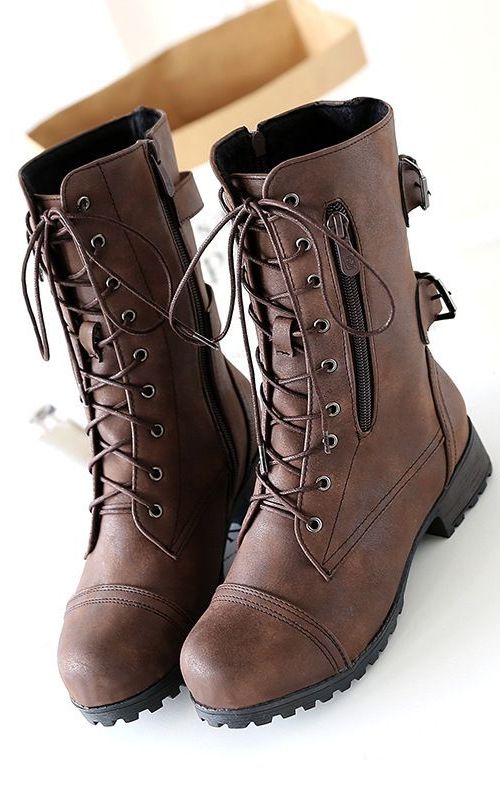 Women Round Toe Boots Buckle Zipper Lace Up Shoes Chunky Heel Mid Calf Riding Boots