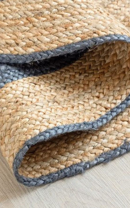 Handmade Natural Jute Round Area Rug with Blue Ring Design | Handwoven Coastal Farmhouse carpet Rug