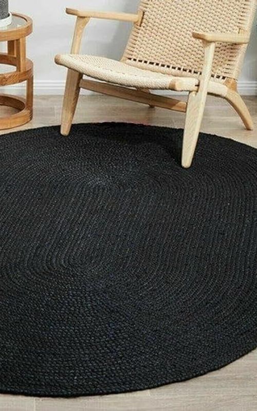 Handmade Braided Natural Jute Black Oval Shape Floor Area Rug-Floor Carpet Rug