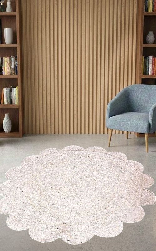 White Round Jute Rug Scalloped Edge Handwoven Carpet | Natural Boho Floor Decor