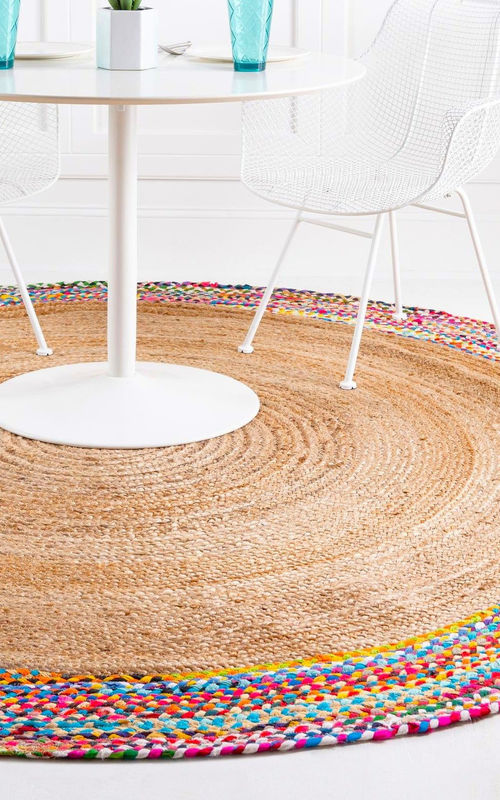 Natural Jute Round Rug with Colorful Cotton Border | Handcrafted Boho Area Rug