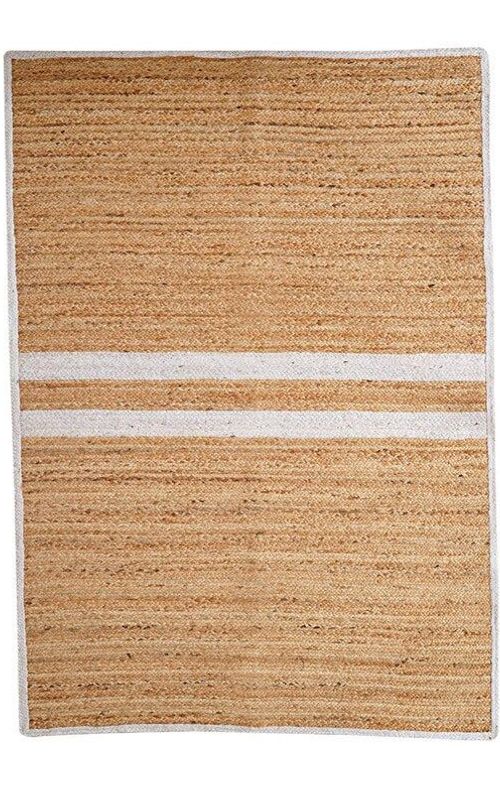 Natural Jute Rug with White Stripes | Handwoven Rectangular Minimal Carpet