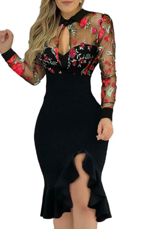 Women Elegant Party Dresses Floral Print Long Sleeve Bodycon Dress Ruffle Hem Slit Design