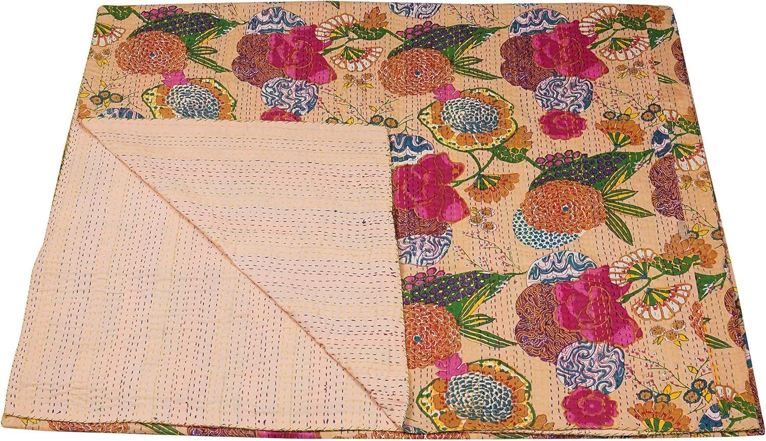 Beige Floral Kantha Quilt – Handmade Cotton Bedspread, Reversible Indian Kantha Blanket, Lightweight Throw