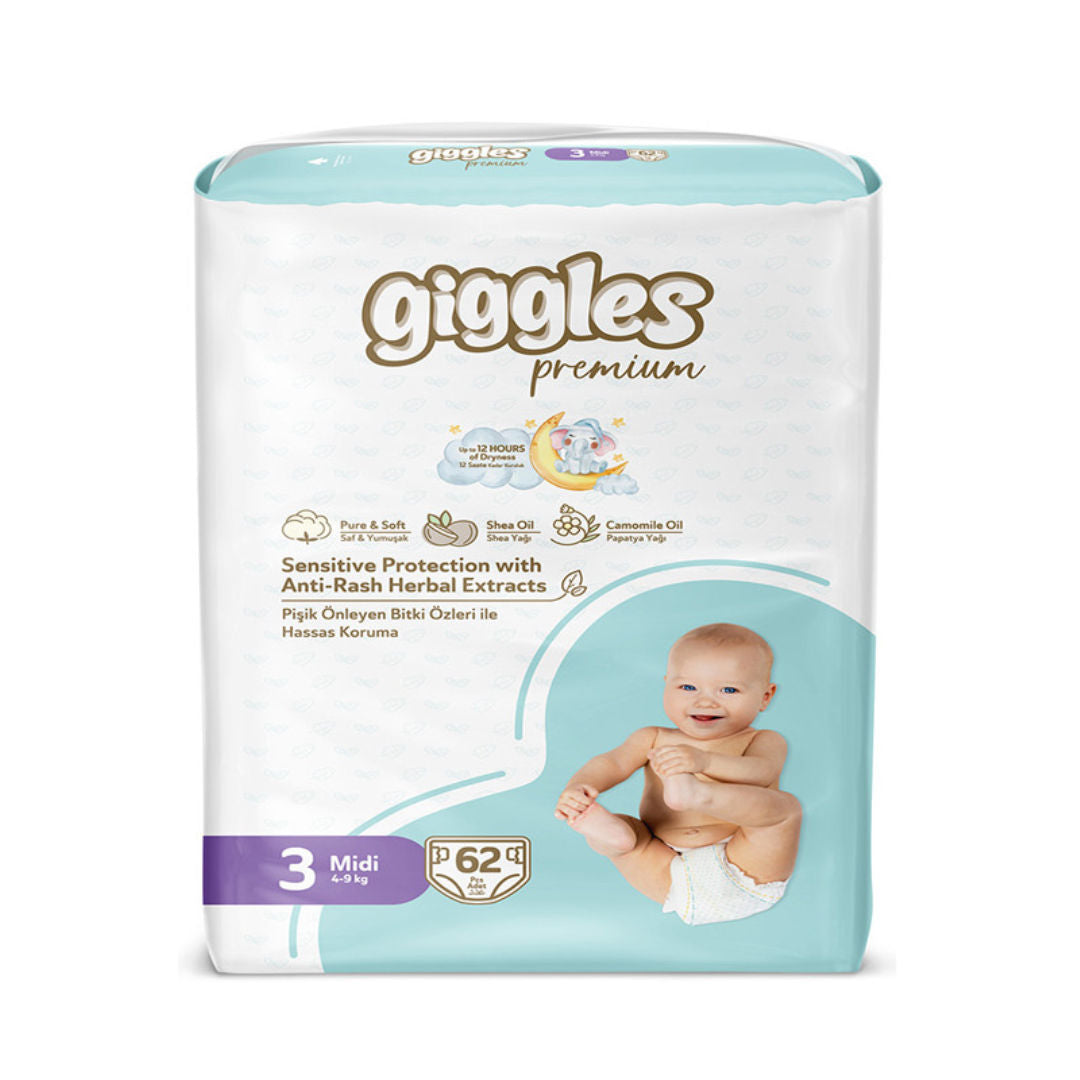 Giggles Premium Jumbo Baby Diapers, Size 3, 4 to 9kg, Pack of 62