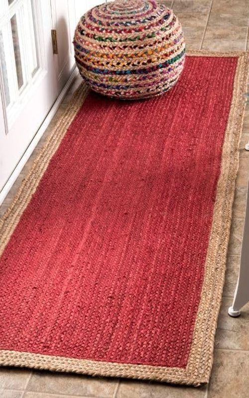 Handmade Braided Natural Jute Inner Red With Natural Border Border Floor Area Runner Rug