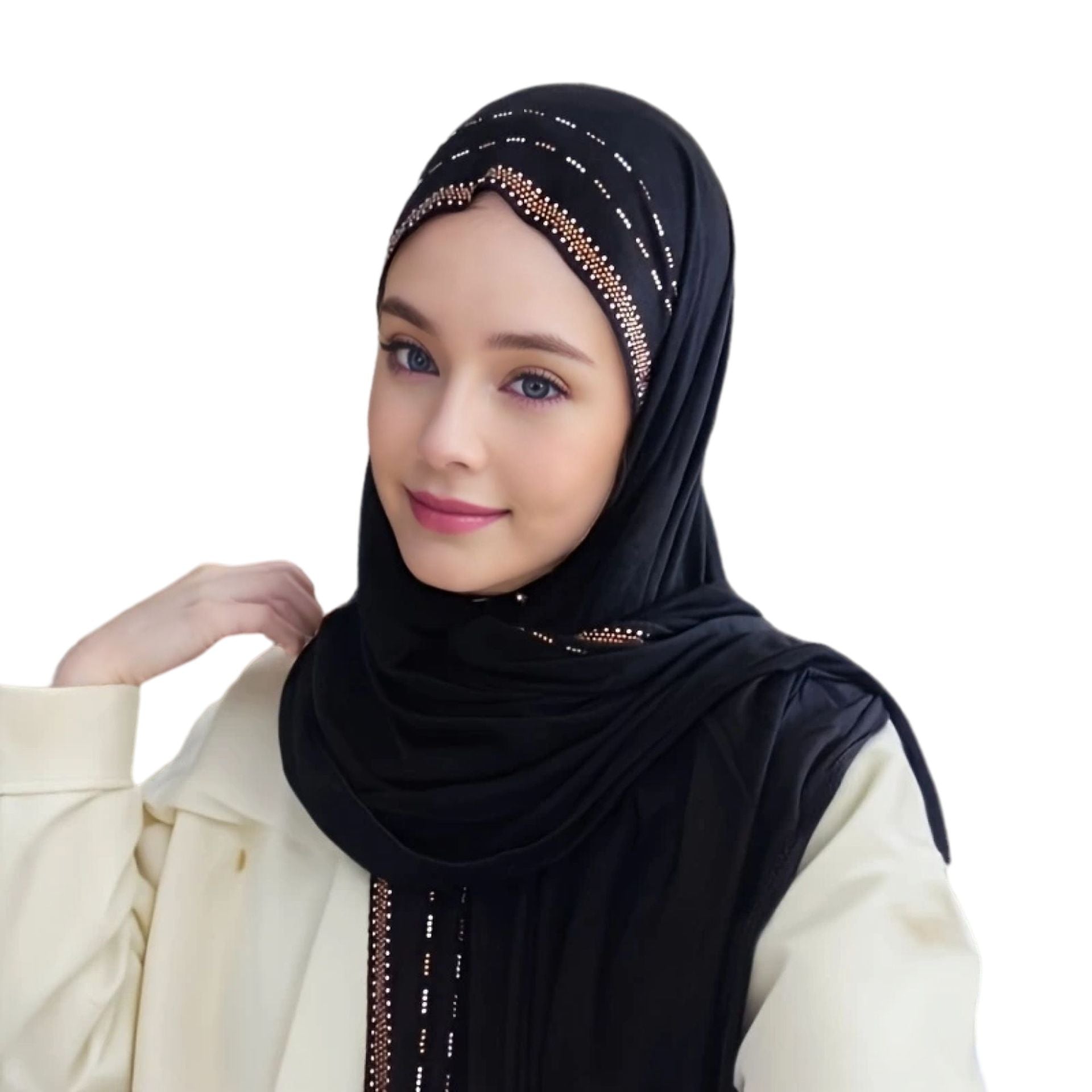 Black Modal Cotton Rhinestone Hijab Scarf for Women 170x55cm