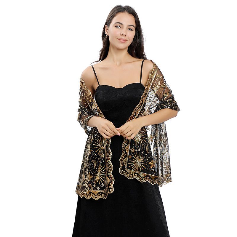 Luxury Star Moon Embroidered Shawl Wrap for Women Black Silver