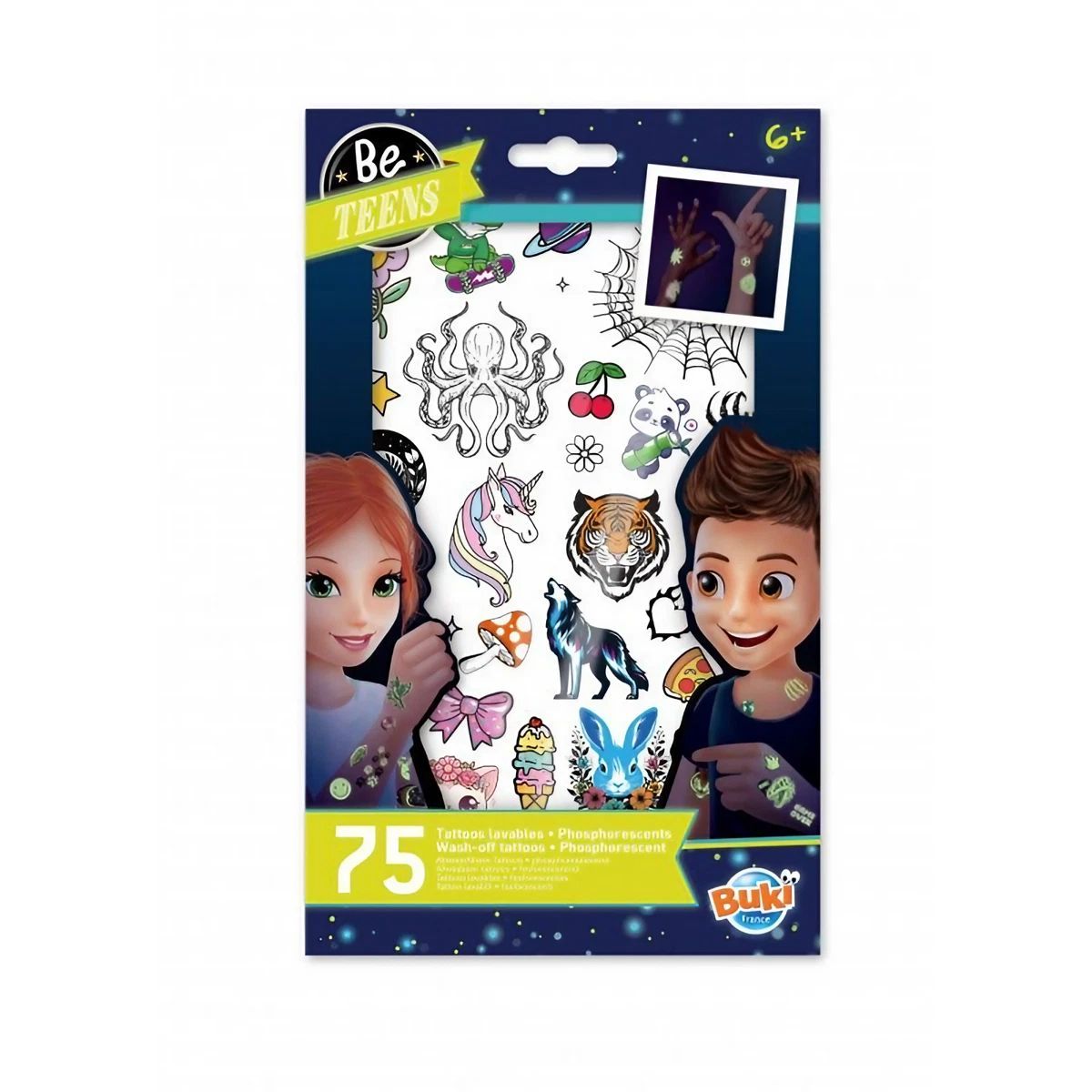 Buki France Be Teens Glow-in-the-Dark Phosphorescent Wash-Off Tattoos Set, (Pack of 75)