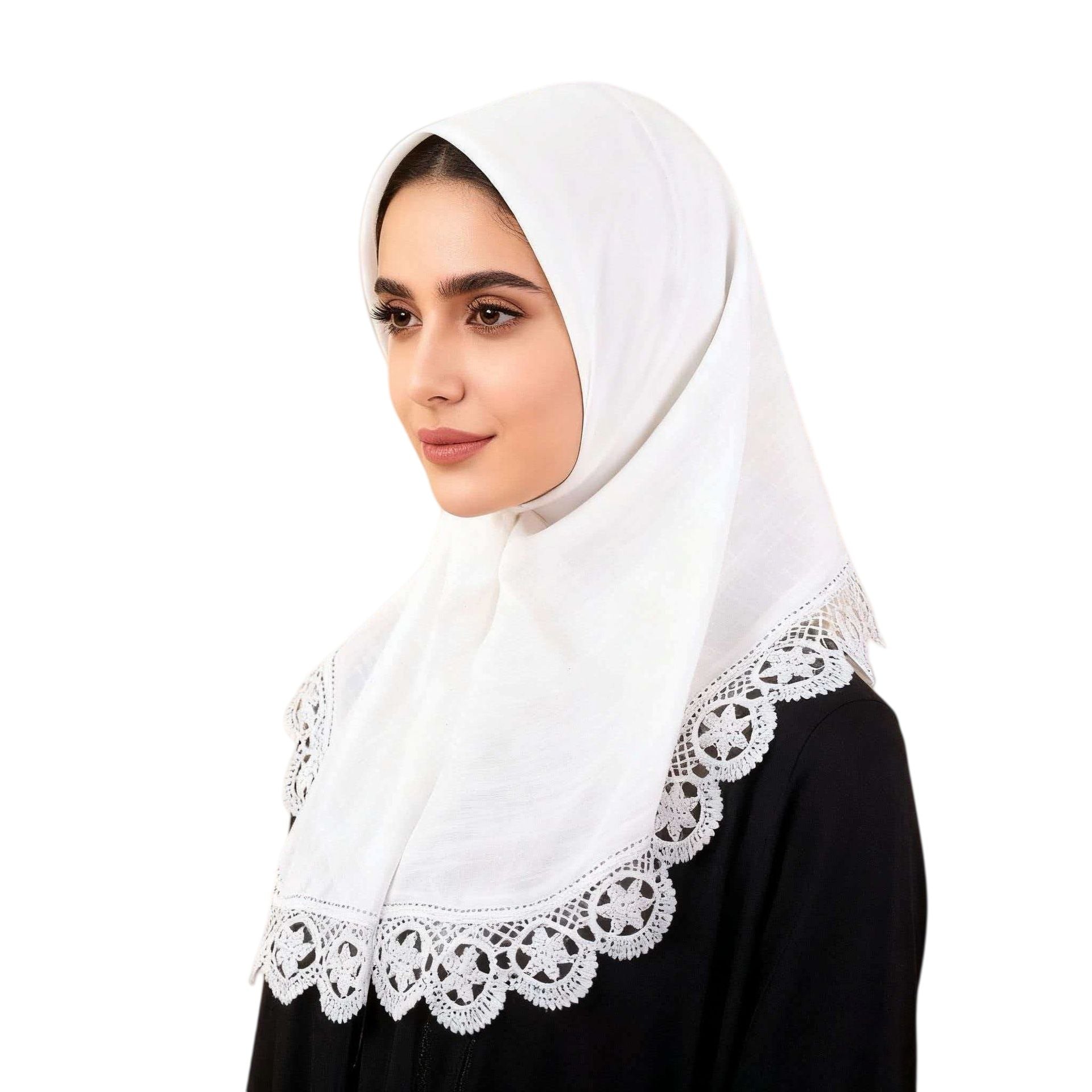 White Pearl Rhinestone Lace Chiffon Hijab Scarf 90x90cm