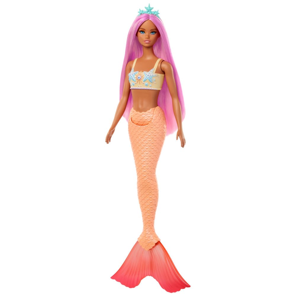 Barbie Mermaid Doll with Pink Fantasy Hair & Headband, Starfish Bodice, Pastel Orange Tail, 3+ Years, 30cm