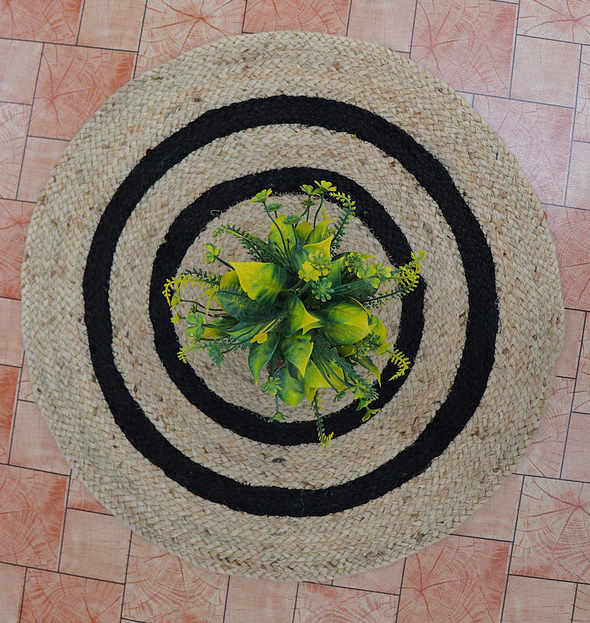 Round Jute Rug with Black Rings | Handwoven Natural Boho Circle Carpet