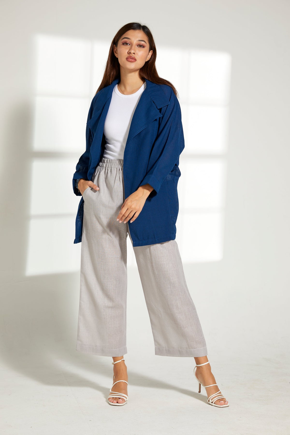 MOiSTREET Blue Linen Top and Grey Pants Set