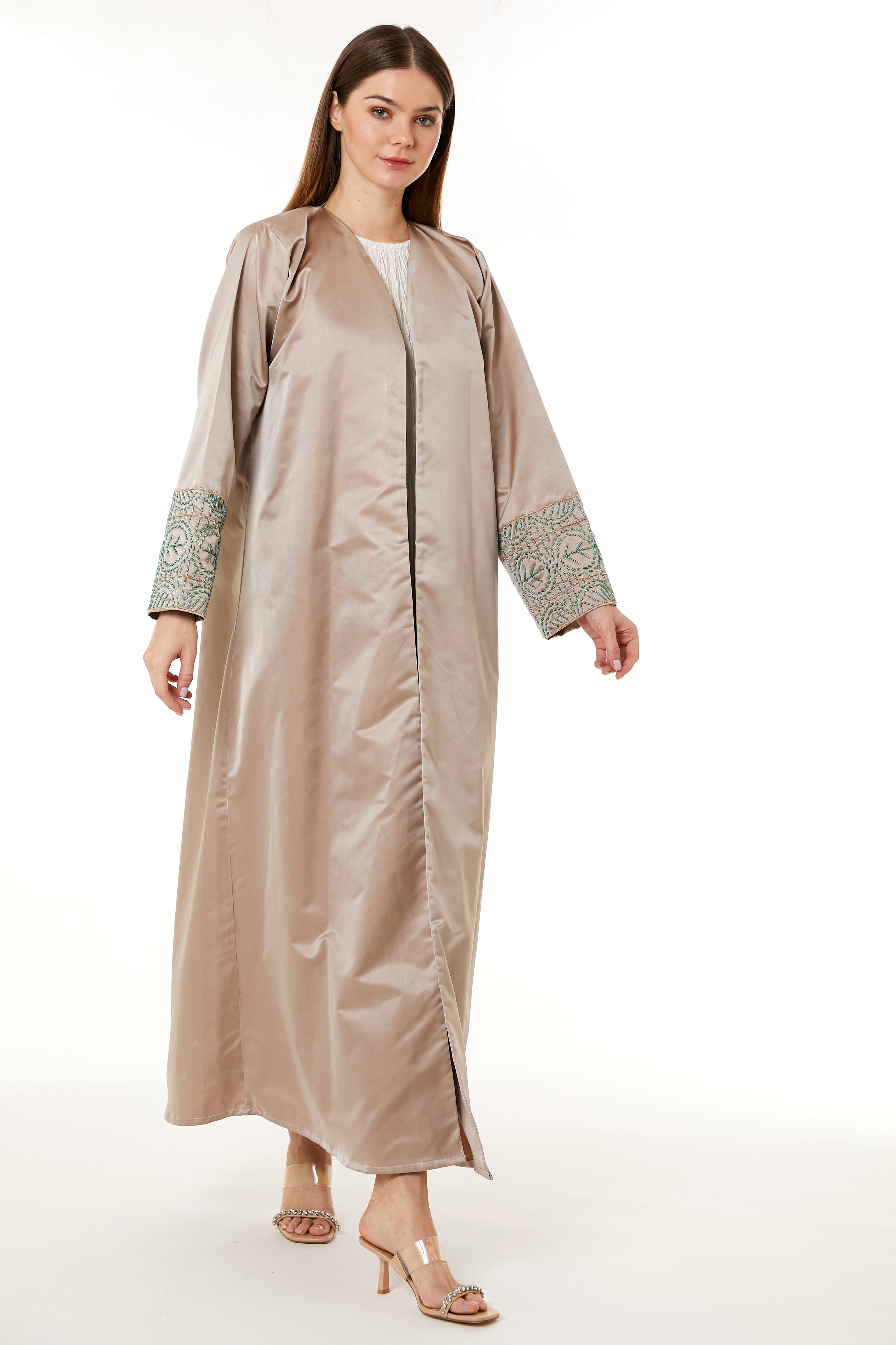 Tan Victoria Satin Hand Embellished Abaya