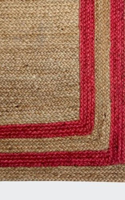 Rectangular Jute Rug with Red Border | Handwoven Natural Area Carpet