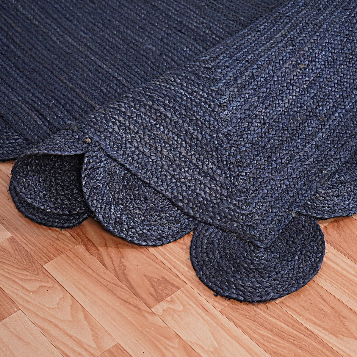 Navy Blue Jute Rug Scalloped Round Carpet | Handwoven Boho Living Room Floor Rug