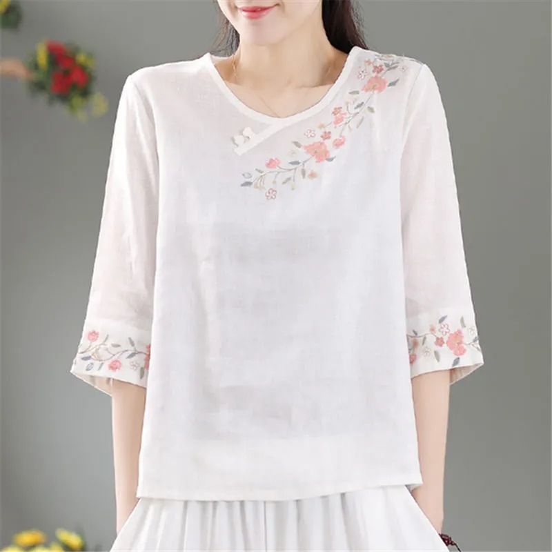 Cotton Linen Embroidered Relaxed Fit Short Sleeve Top For Women