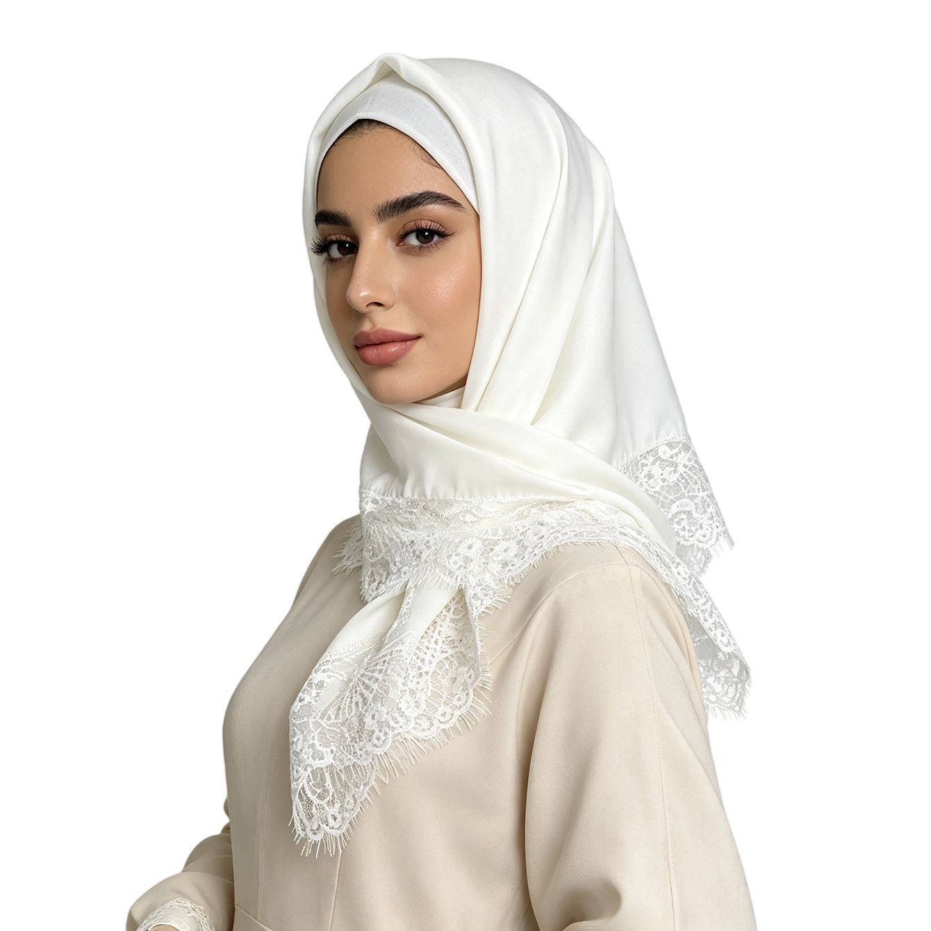 White Satin Square Scarf with Lace Trim for Women 75x75cm