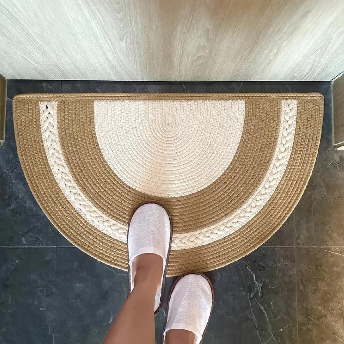 AIESY®  Semi-Circular Cotton Bath & Door Mat, Reversible Braided Design with Decorative Semi-Circle Pattern (Bohemian, 80X45 cm)