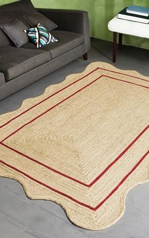 Scalloped Rectangle Jute Rug with Red Border Lines | Handmade Natural Area & Runner Carpet