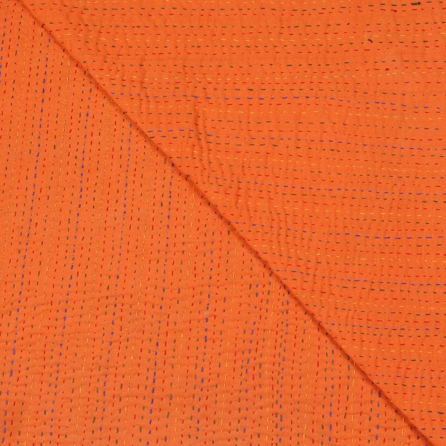 Orange Floral Kantha Quilt Cotton Bedspread | Handmade Indian Lightweight Blanket