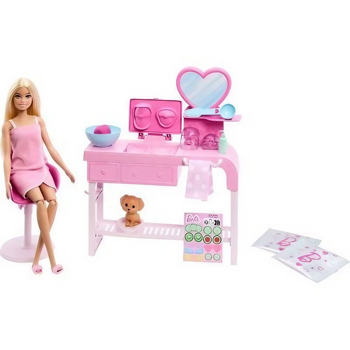 Barbie Face Mask Spa Playset with Doll, DIY Dough Masks Kit, 10+ Accessories, Spa Furniture & Pet Puppy